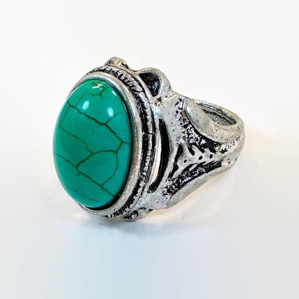 Vintage Middle Eastern Afghan Ring: Turquoise Glass Faux Turquoise Silver Tone
